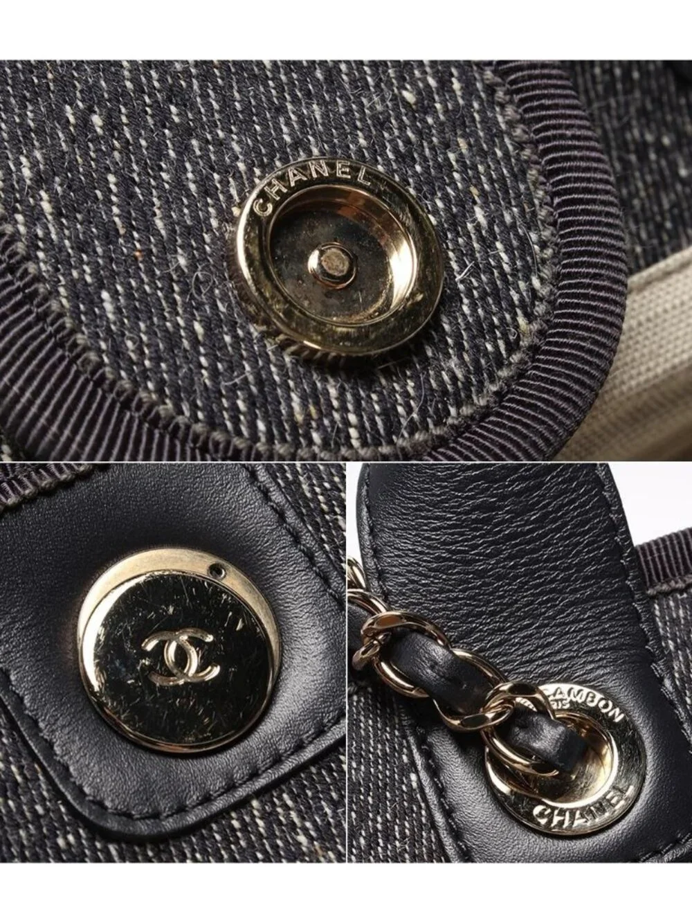 Chanel Chain Shoulder Bag Handle Denim Gold Deauville MM